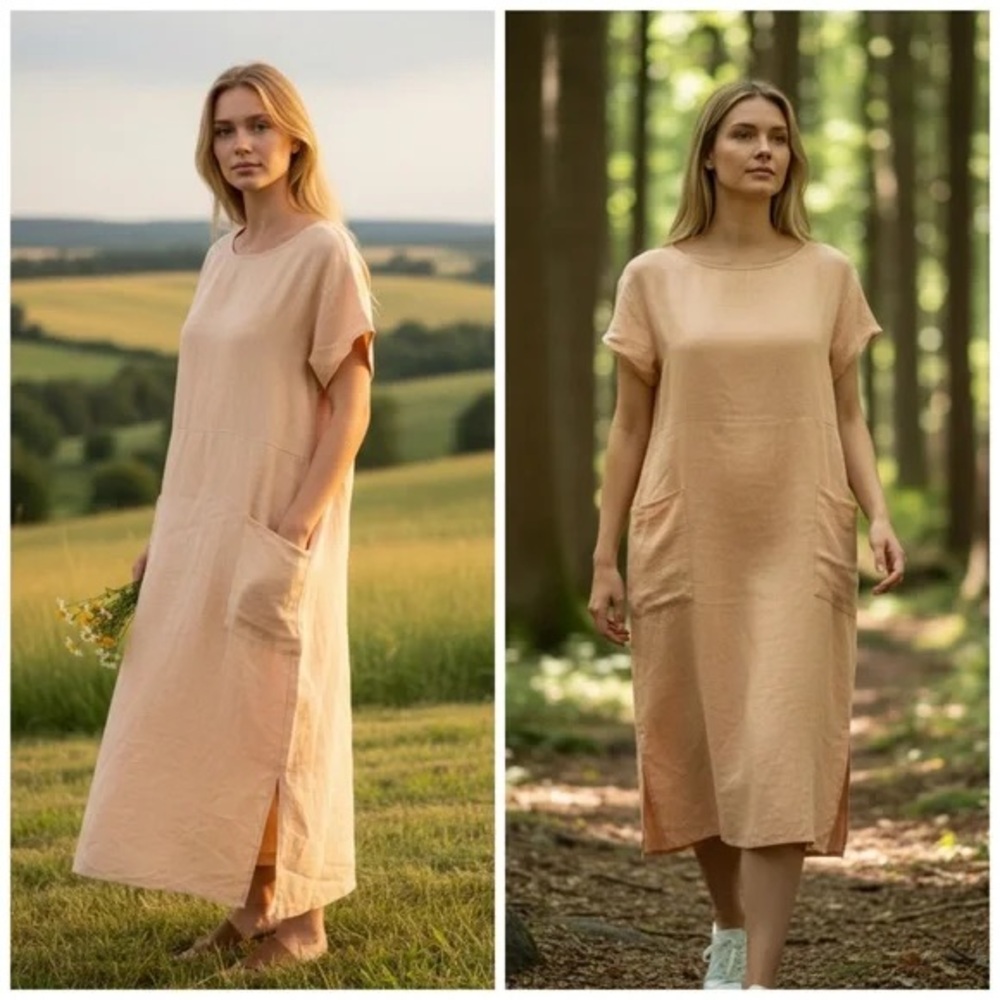 Christy Dawn Seaton Cream Linen‎ Midi Dress Pocket Slit Sustainable Dress Small